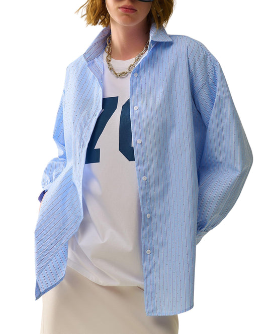 Camisa Azul Rayas con Cristales Frente