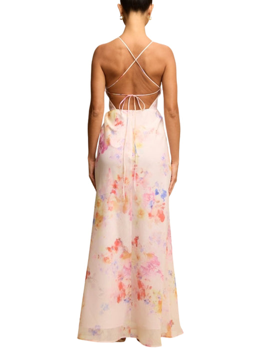 Vestido Largo Multicolor con Flor 3D y Cuello Halter