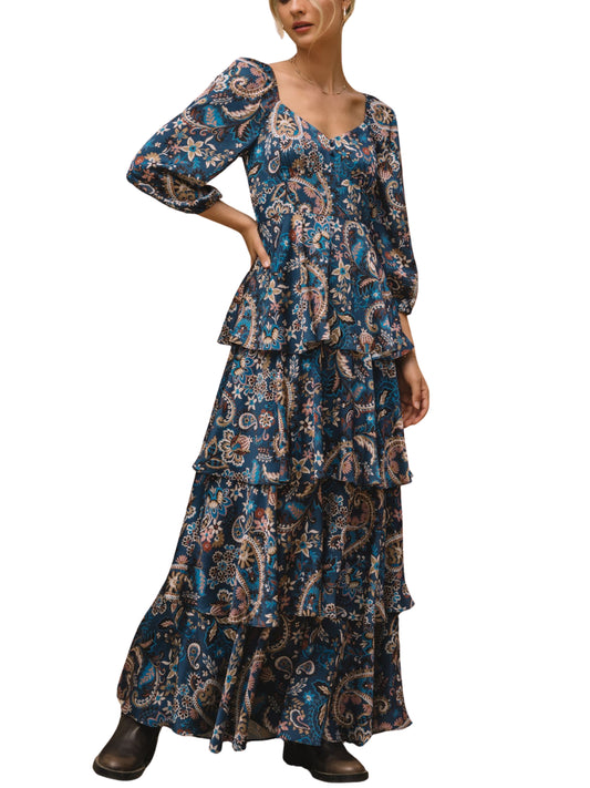 Maxi Vestido Multicolor Satinado con Olanes y Escote en V