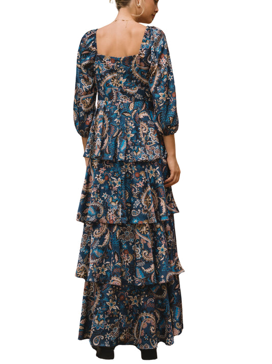 Maxi Vestido Multicolor Satinado con Olanes y Escote en V