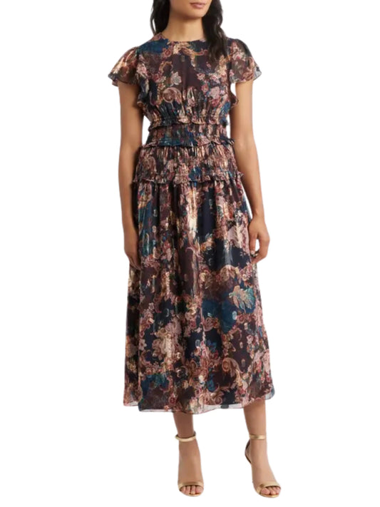 Vestido Midi Metálico de Manga Corta - Escorpio Boutique