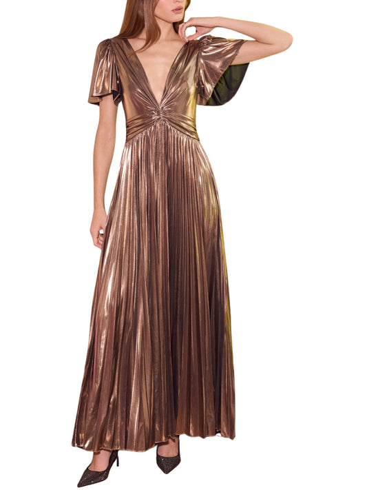 Vestido Largo Metálico con falda plisada. - Escorpio Boutique