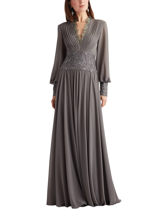 Vestido Largo Manga Larga Cintura Bordada - Escorpio Boutique