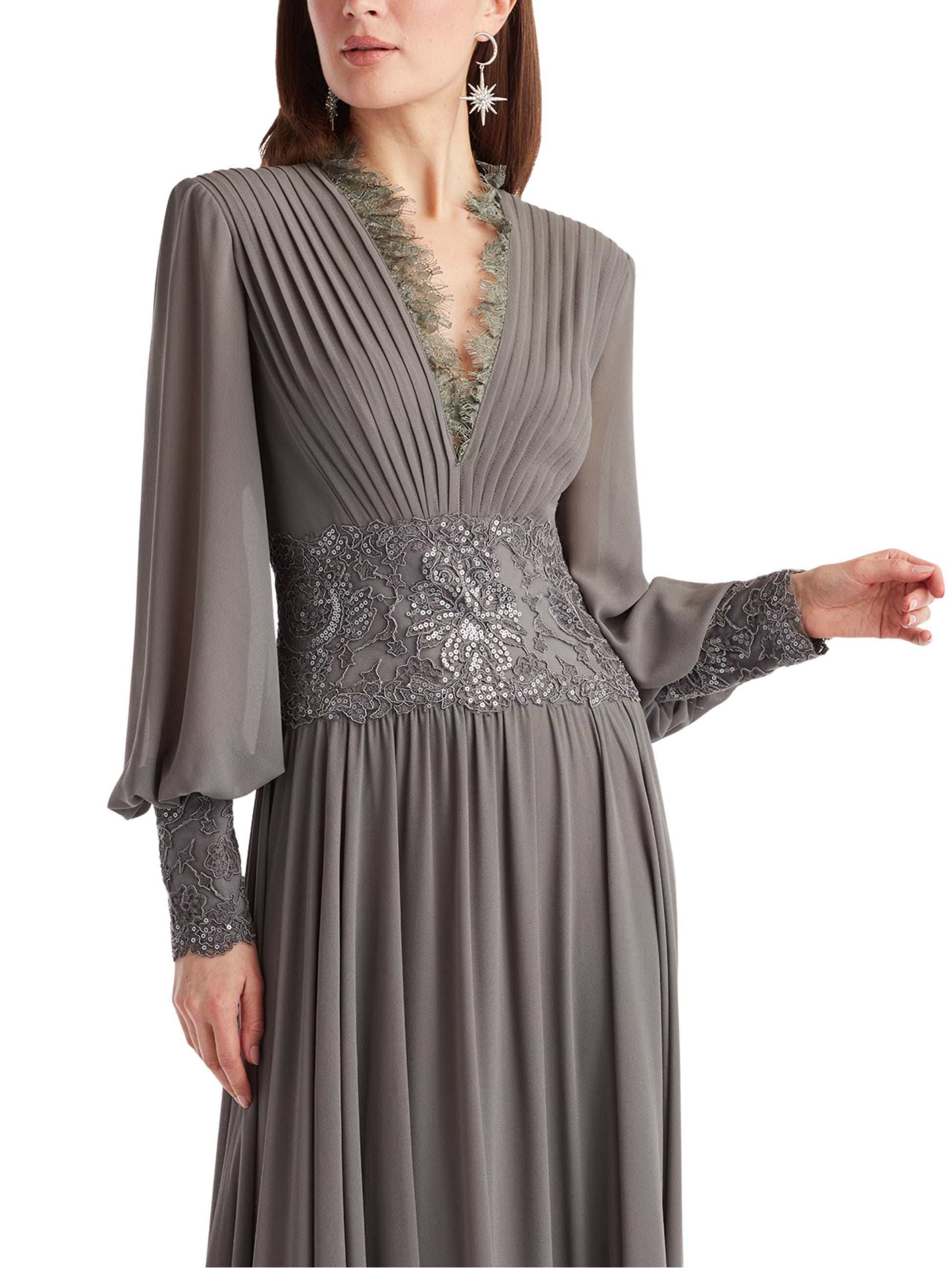 Vestido Largo Manga Larga Cintura Bordada - Escorpio Boutique