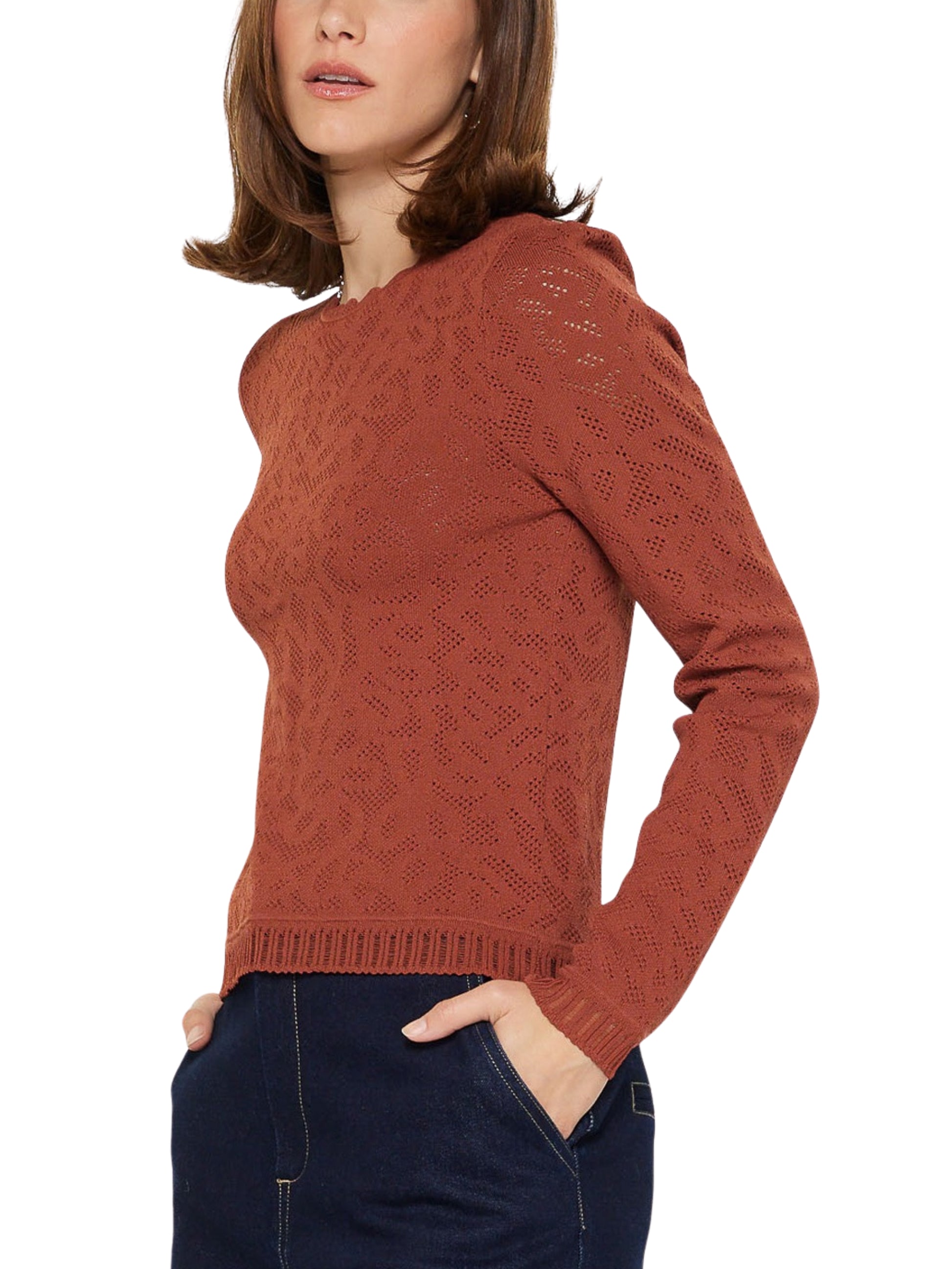 Escorpio Boutique Blusa femenina calada en tono terracota