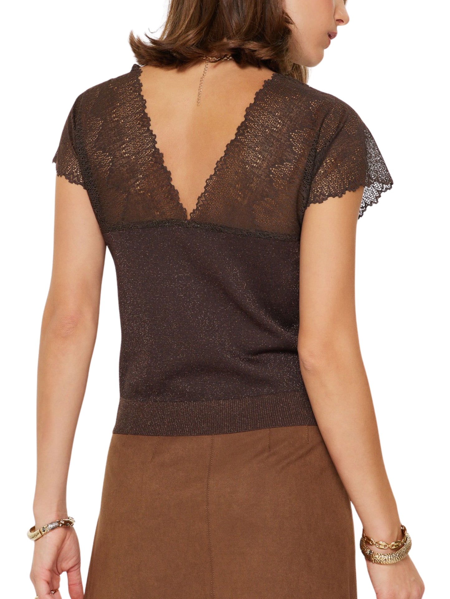 Escorpio Boutique Blusa metálica elegante con cuello V para mujer