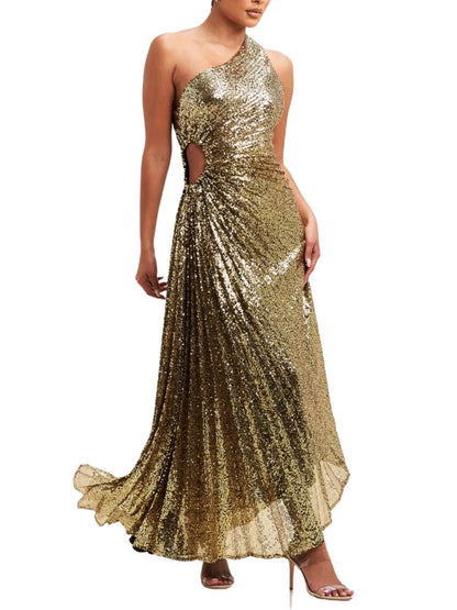 Vestido Largo Asimétrico Plisado en Lentejuela. - Escorpio Boutique