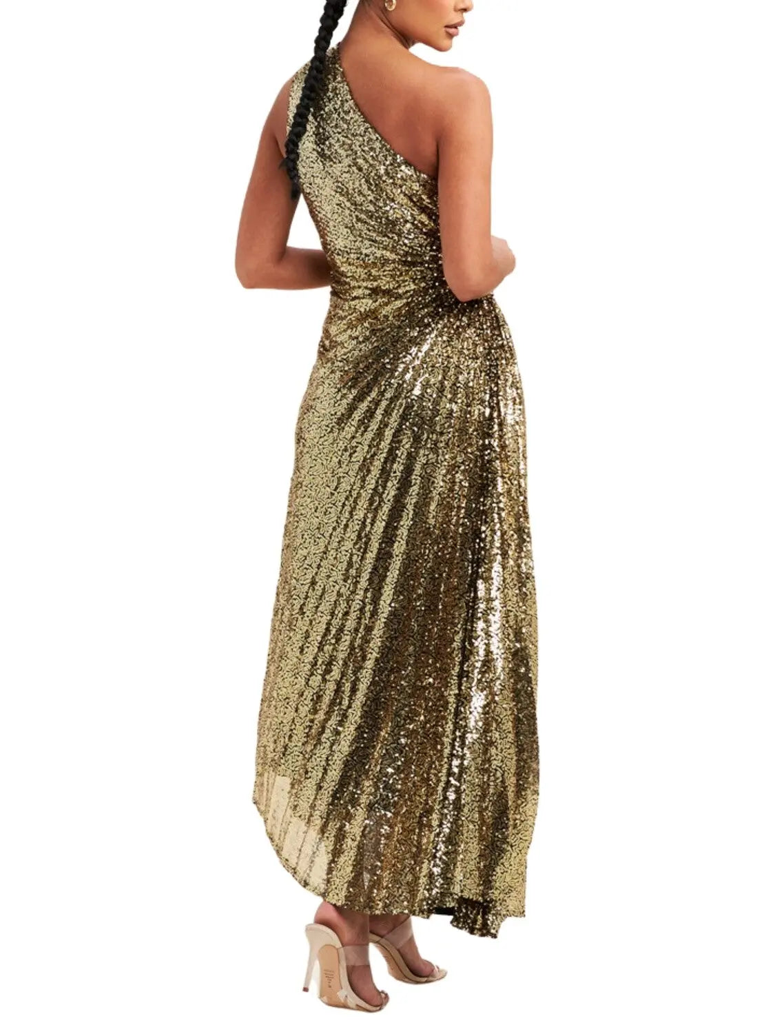 Vestido Largo Asimétrico Plisado en Lentejuela. - Escorpio Boutique