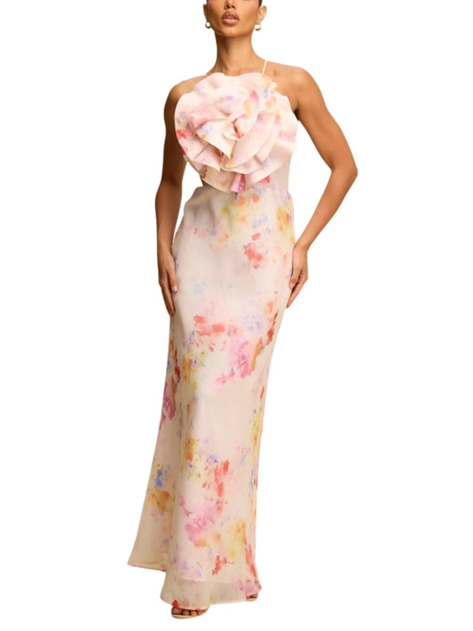Vestido Largo Multicolor con Flor 3D y Cuello Halter - Escorpio Boutique