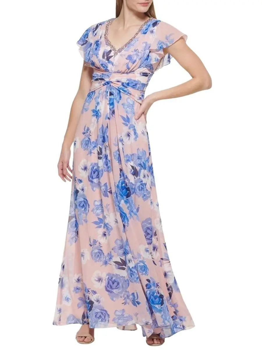 Vestido largo de manga acampanada con bordado en el cuello - Escorpio Boutique