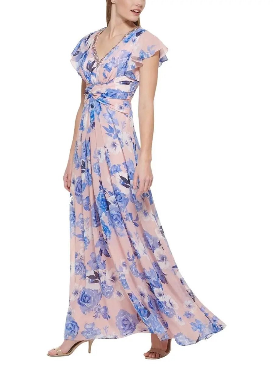 Vestido largo de manga acampanada con bordado en el cuello - Escorpio Boutique