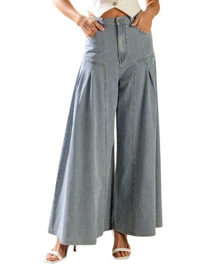 Jeans palazzo de rayas verticales en mezclilla clara para mujer