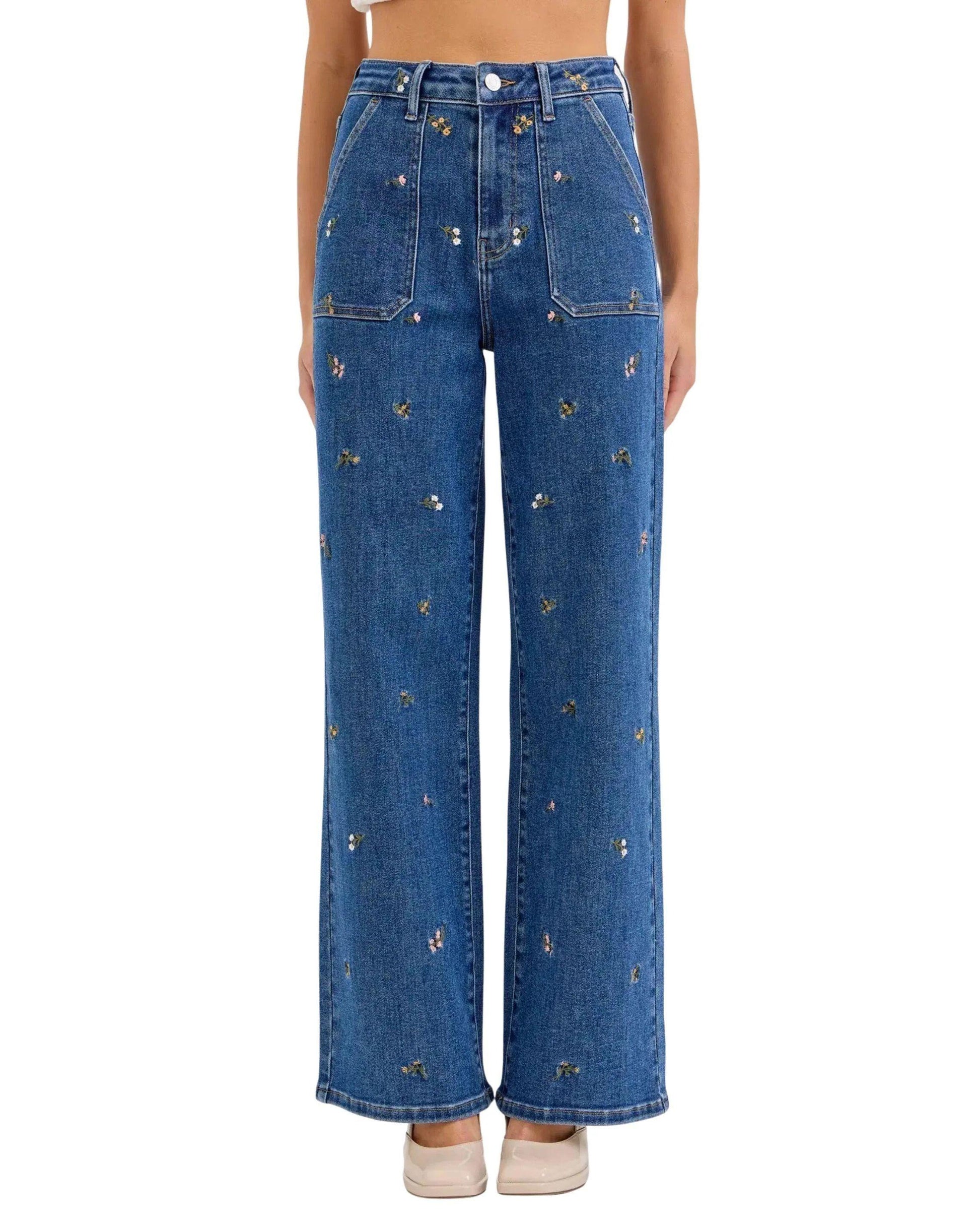 Jeans rectos bordados florales para mujer