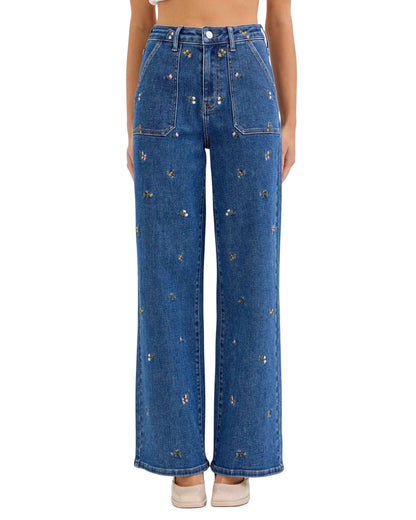 Jeans rectos bordados florales para mujer