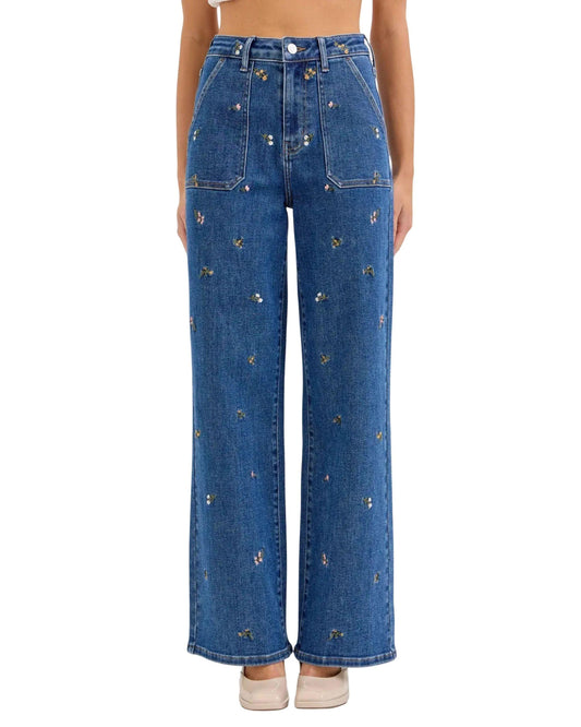 Jeans rectos bordados florales para mujer