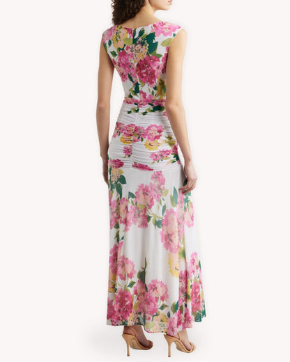 Vestido maxi mesh floral vista posterior con drapeado en cintura y estampado floral
