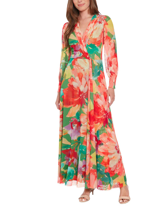 Maxi vestido floral manga larga mesh con escote cruzado