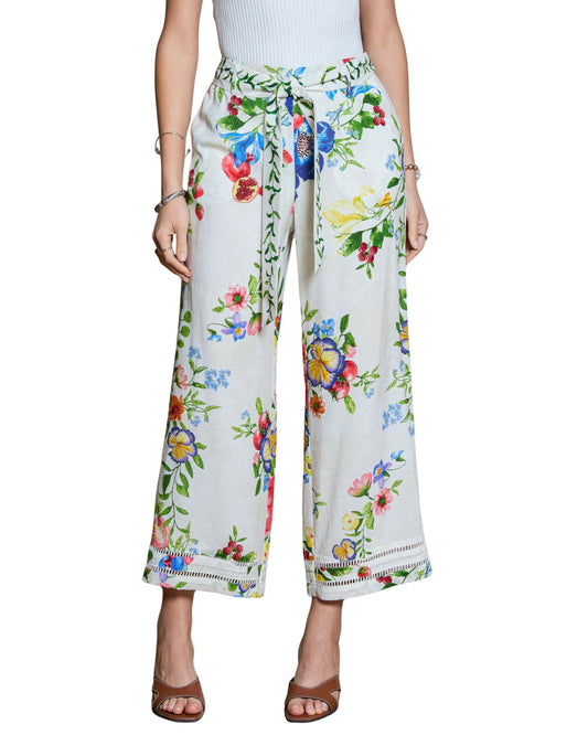 Pantalón lino floral multicolor para mujer