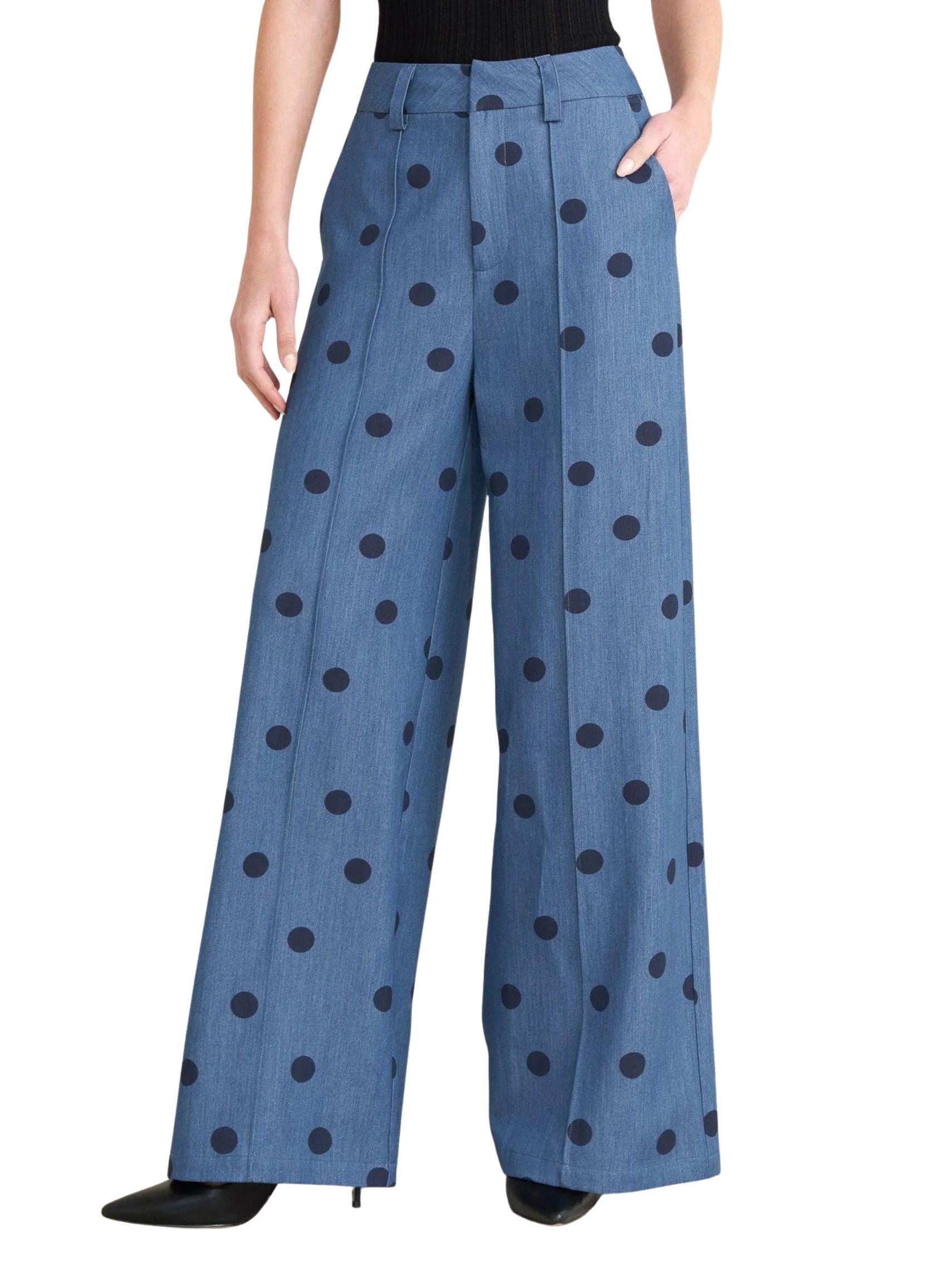 Pantalón palazzo denim azul con estampado polka dot para mujer