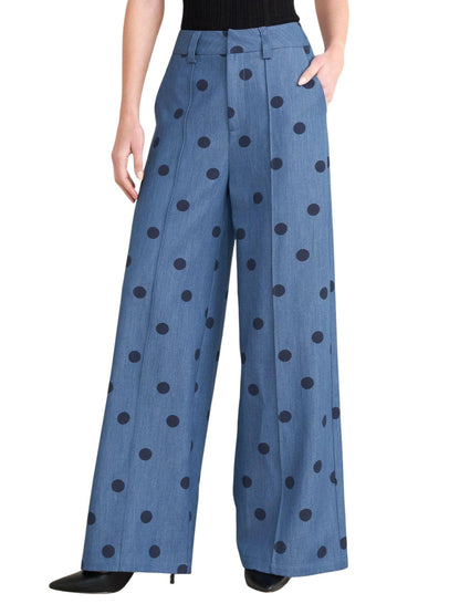 Pantalón palazzo denim azul con estampado polka dot para mujer