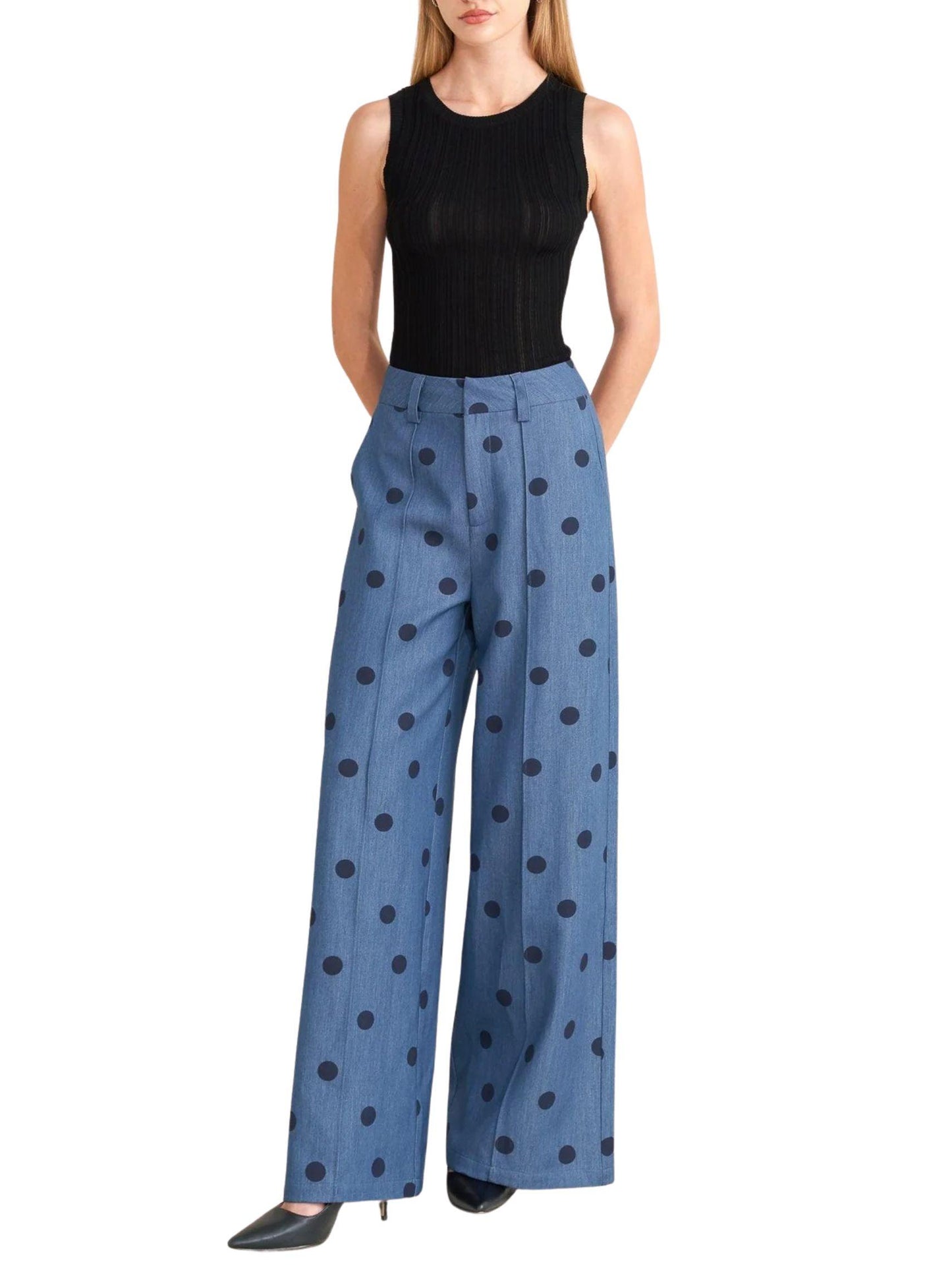 Pantalón palazzo denim azul con estampado polka dot para mujer