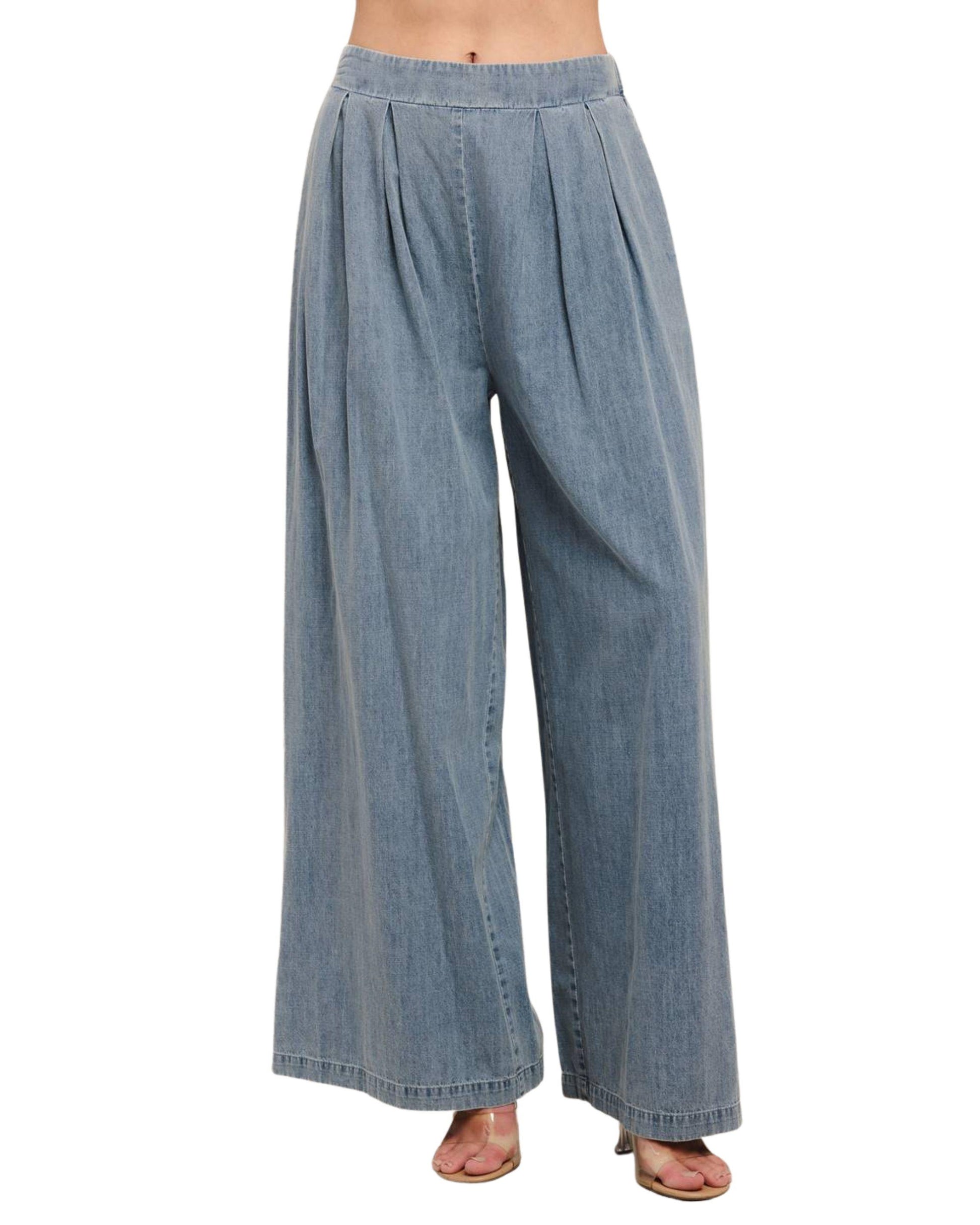 Pantalón palazzo de mezclilla ligera azul claro para mujer