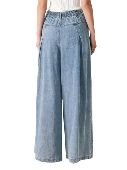 Pantalón palazzo de mezclilla denim claro con jareta y cintura elástica para mujer espalda