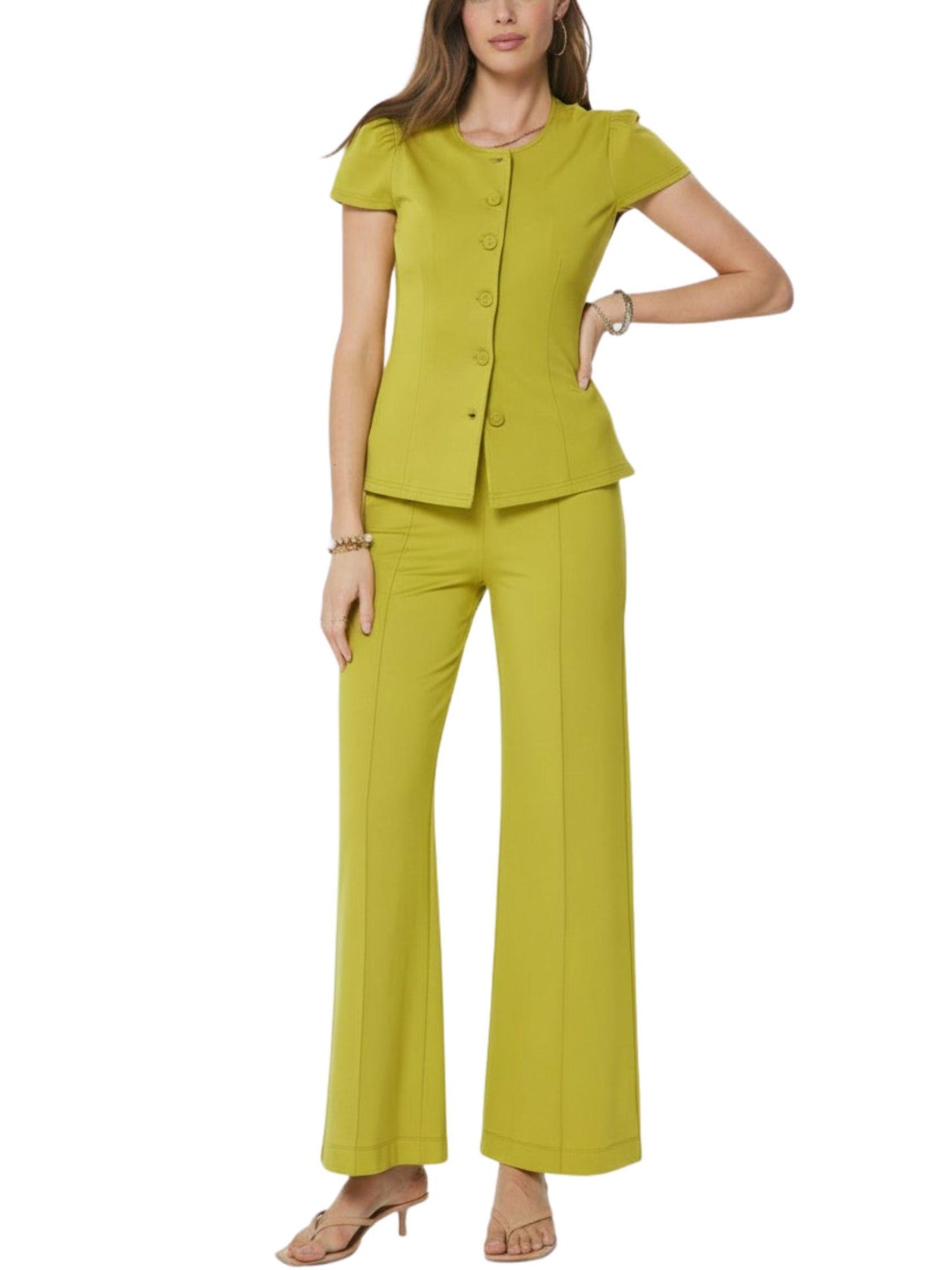 Set saco pantalón ponte con saco manga corta y pantalón de pierna ancha verde olivo