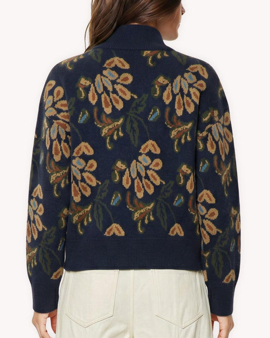Suéter jacquard floral azul marino vista posterior con motivos florales tejidos y acabados acanalados