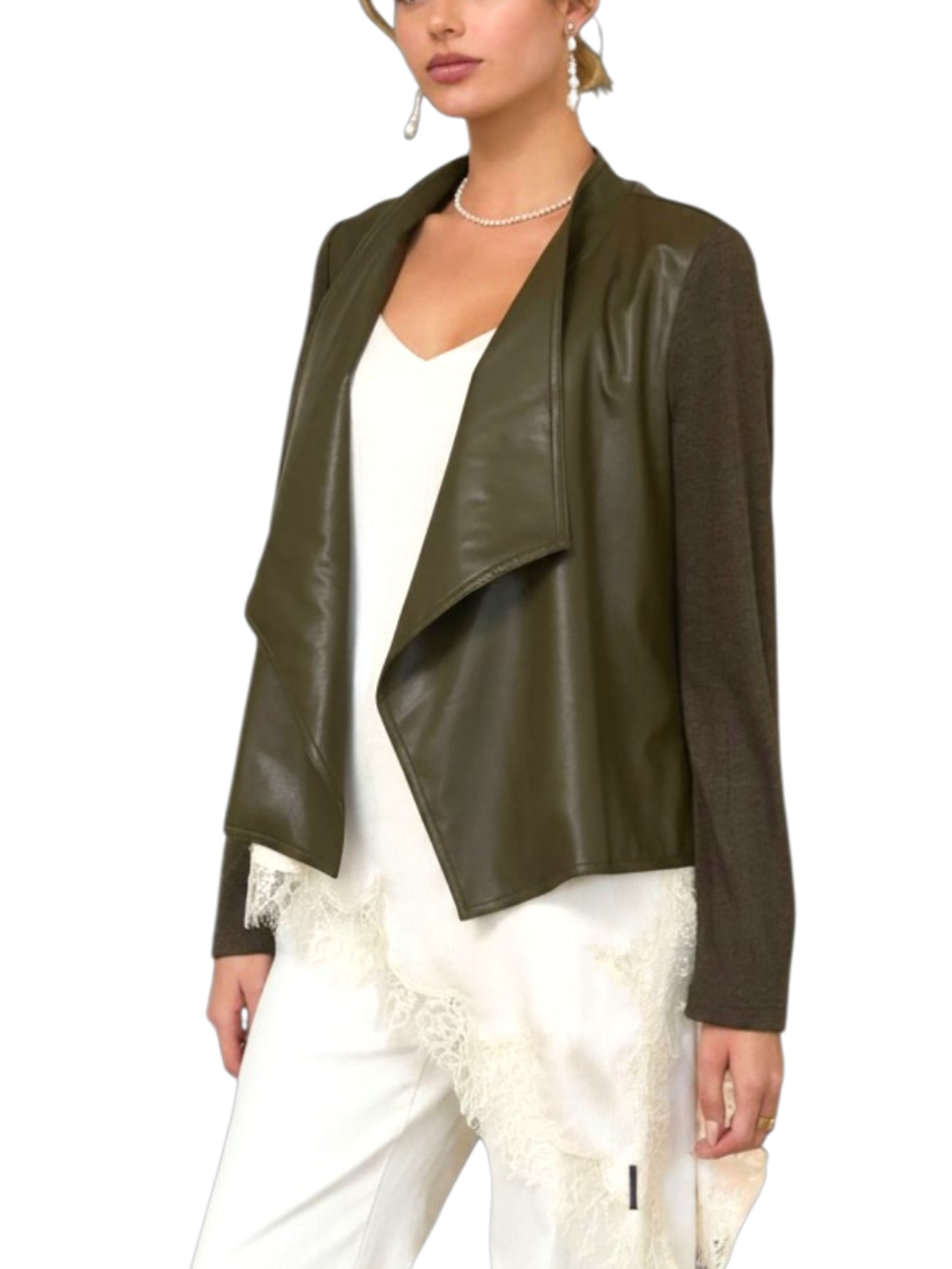 sweater imitacion piel vegana en verde olivo lateral