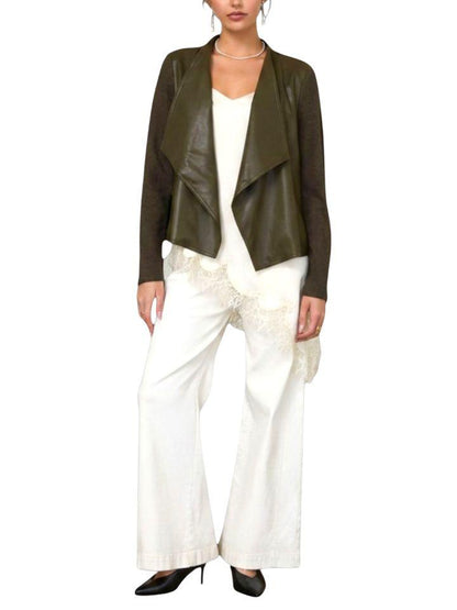 sweater tipo chaqueta en piel vegana verde olivo frente