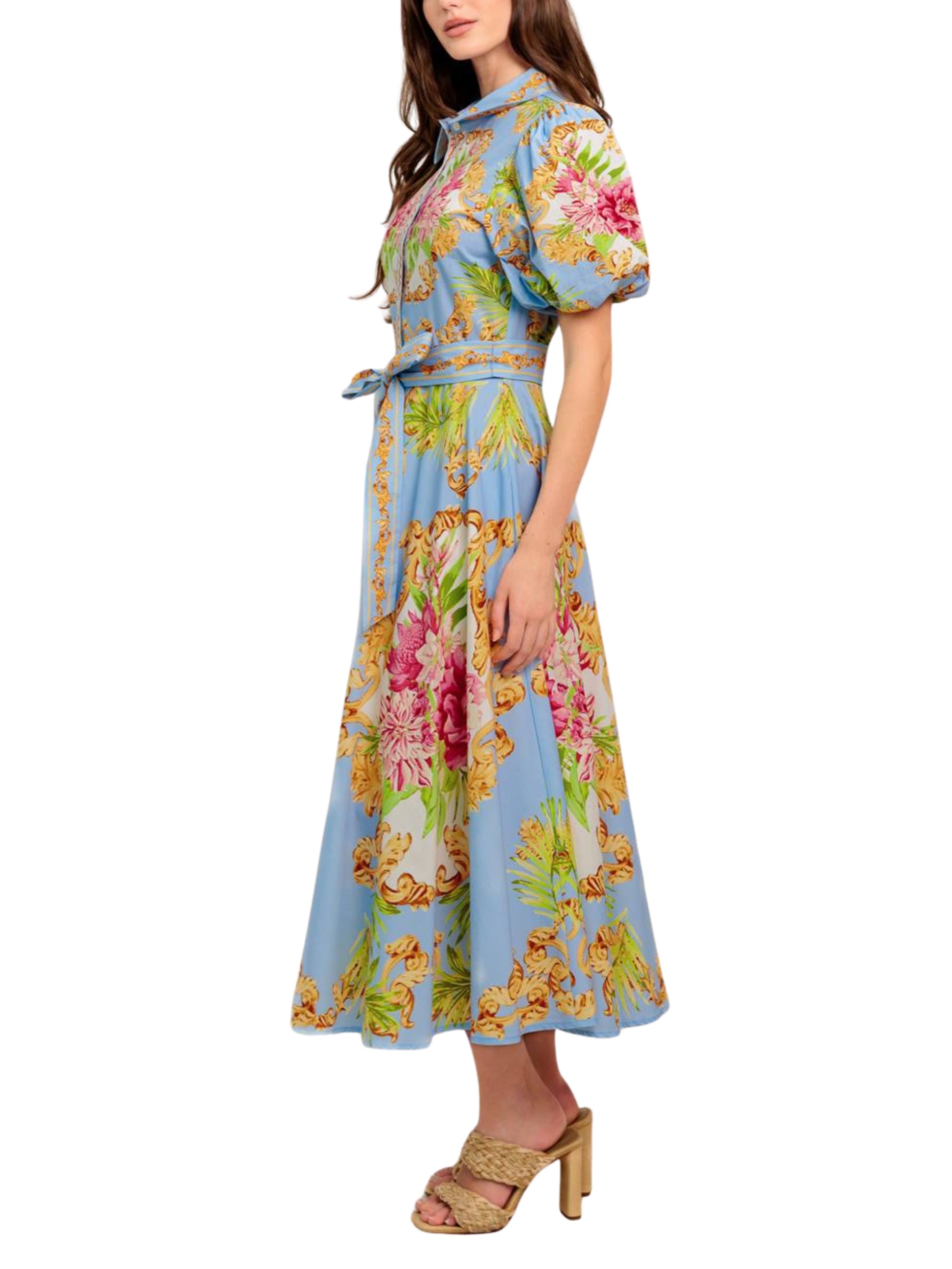 Escorpio Boutique- Vestido Midi Camisero Manga Globo