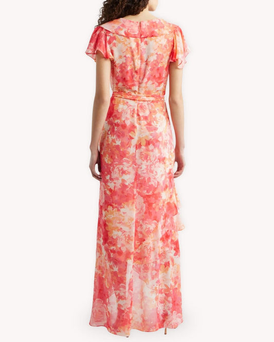 Vestido largo cruzado floral con volantes vista posterior con cinturón y falda larga