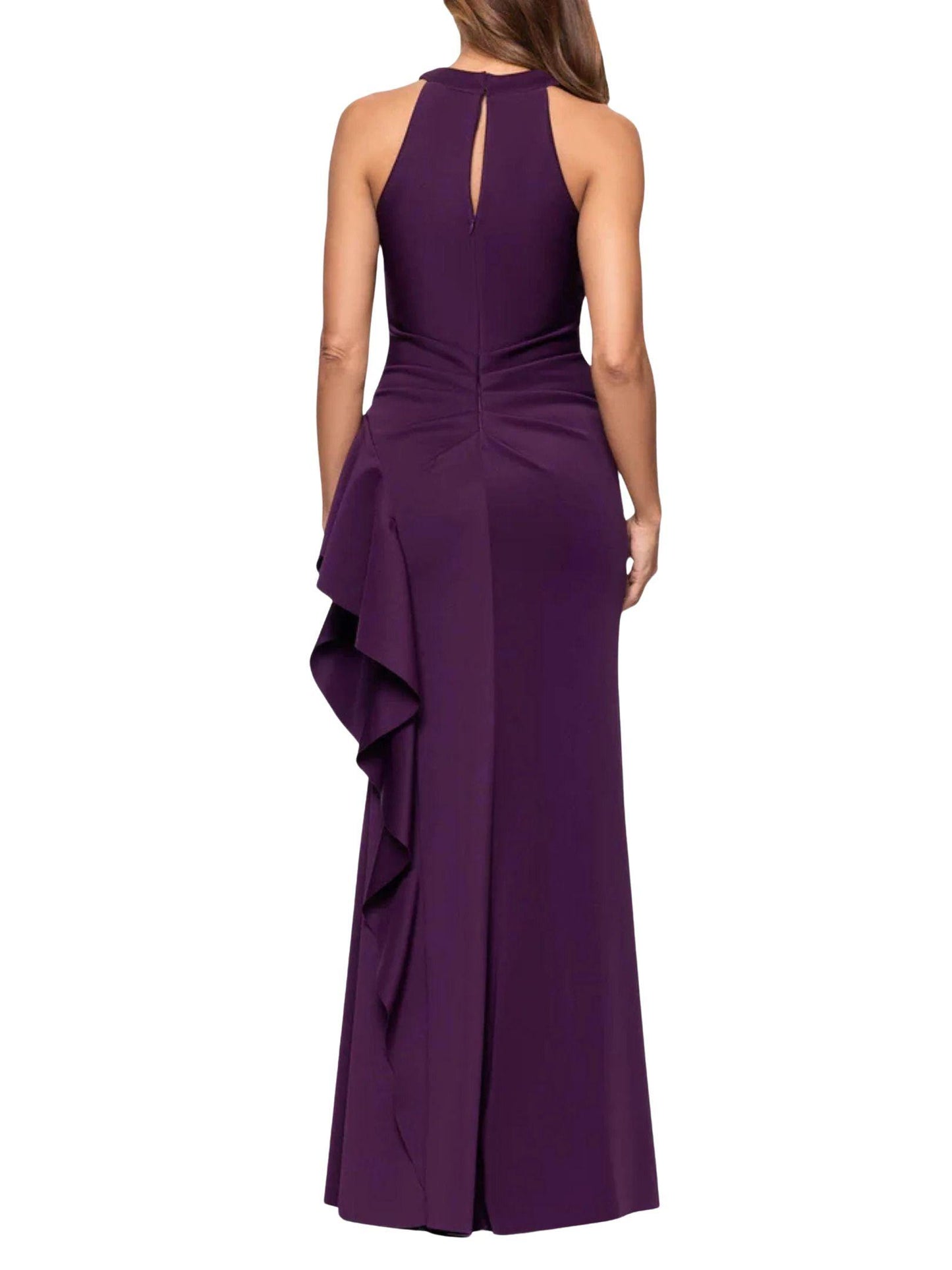 vestido largo halter cruzado morado espalda