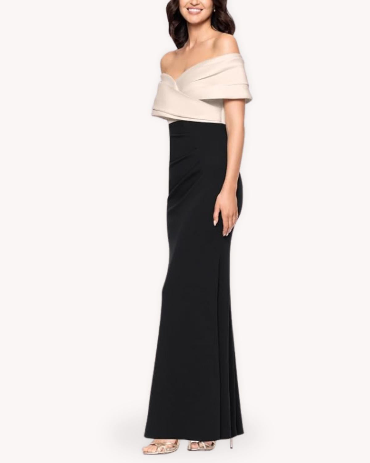 Vestido largo hombros descubiertos bicolor vista lateral con escote envolvente y falda negra