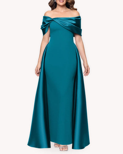 Vestido largo hombros descubiertos verde vista frontal con escote envolvente y silueta entallada
