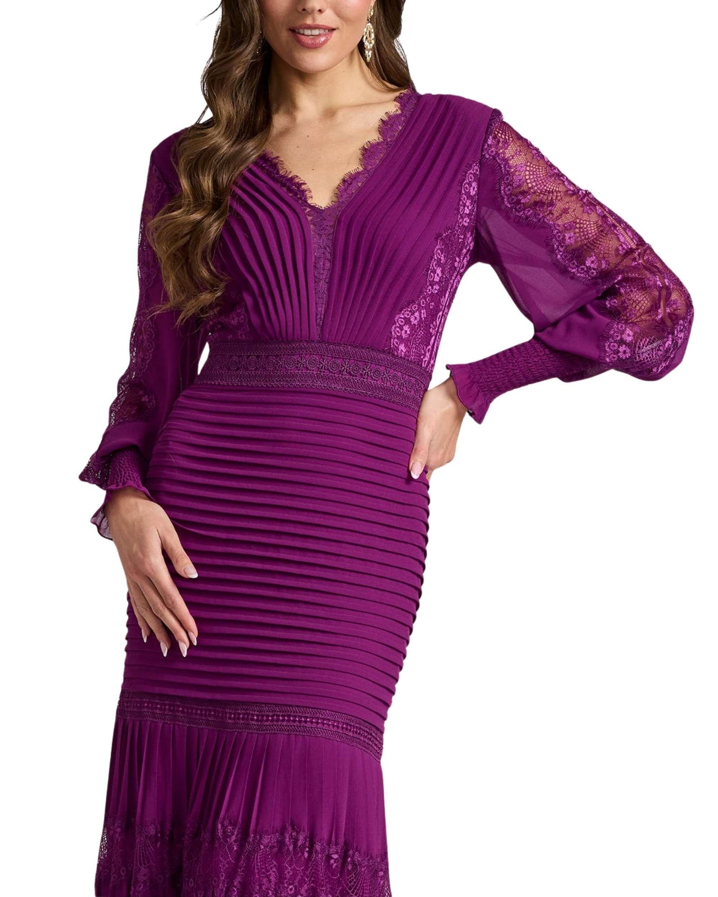 Vestido Largo Plisado con Encaje
