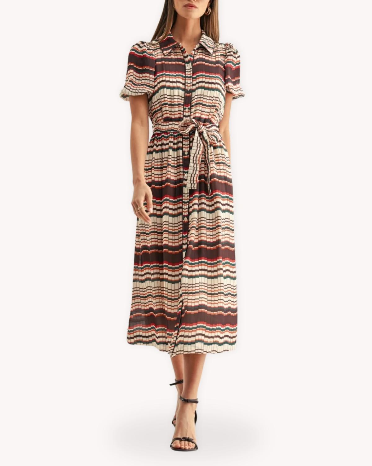 Vestido midi satinado con print geometrico de rallas estilo camisero