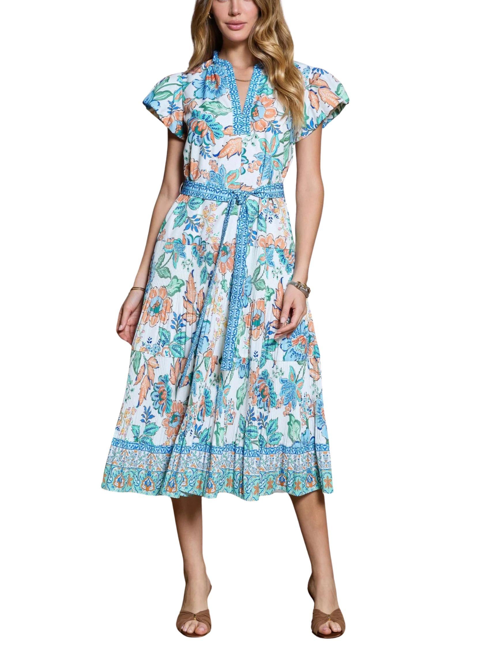 Vestido midi floral plisado con cinturón y manga corta tipo pétalo