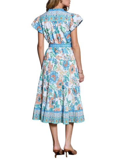 Vista trasera de vestido midi floral estampado con cinturón