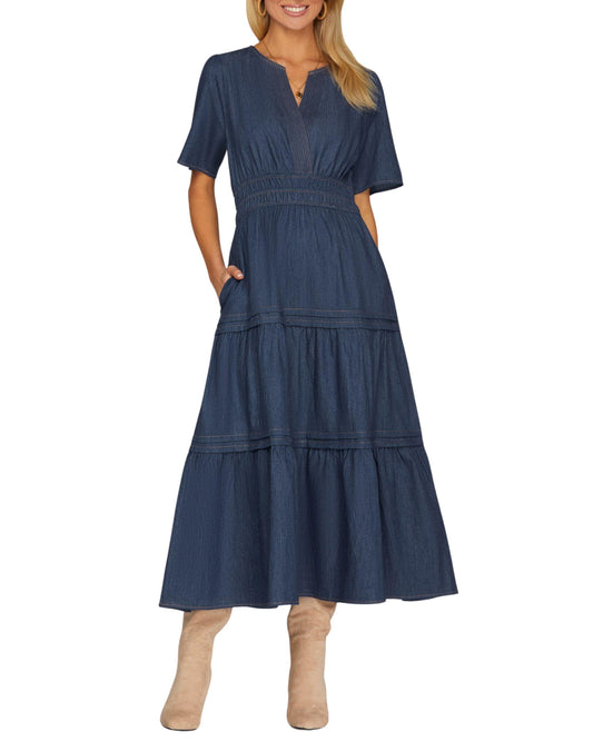 Vestido midi de mezclilla con manga campana