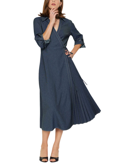 Escorpio Boutique-Vestido Midi Camisero de Mezclilla Plisado