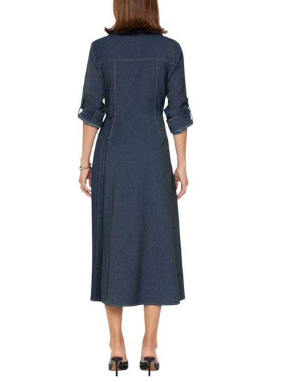 Escorpio Boutique-Vestido Midi Camisero de Mezclilla Plisado