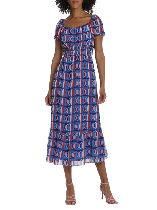 Vestido midi de manga corta con print retro - Escorpio Boutique