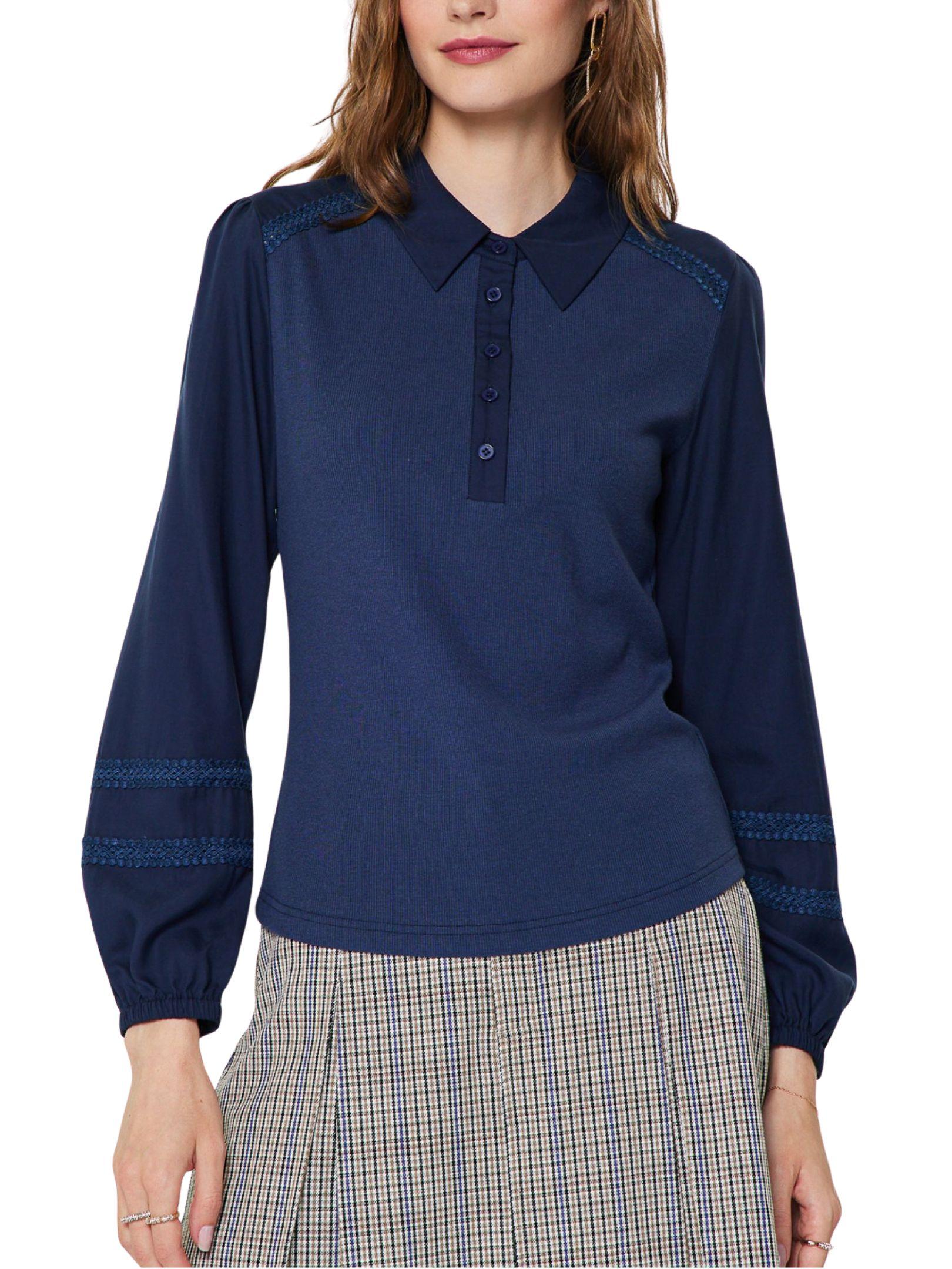 Blusa polo tejida de manga larga para mujer con cuello camisero vista de frente.