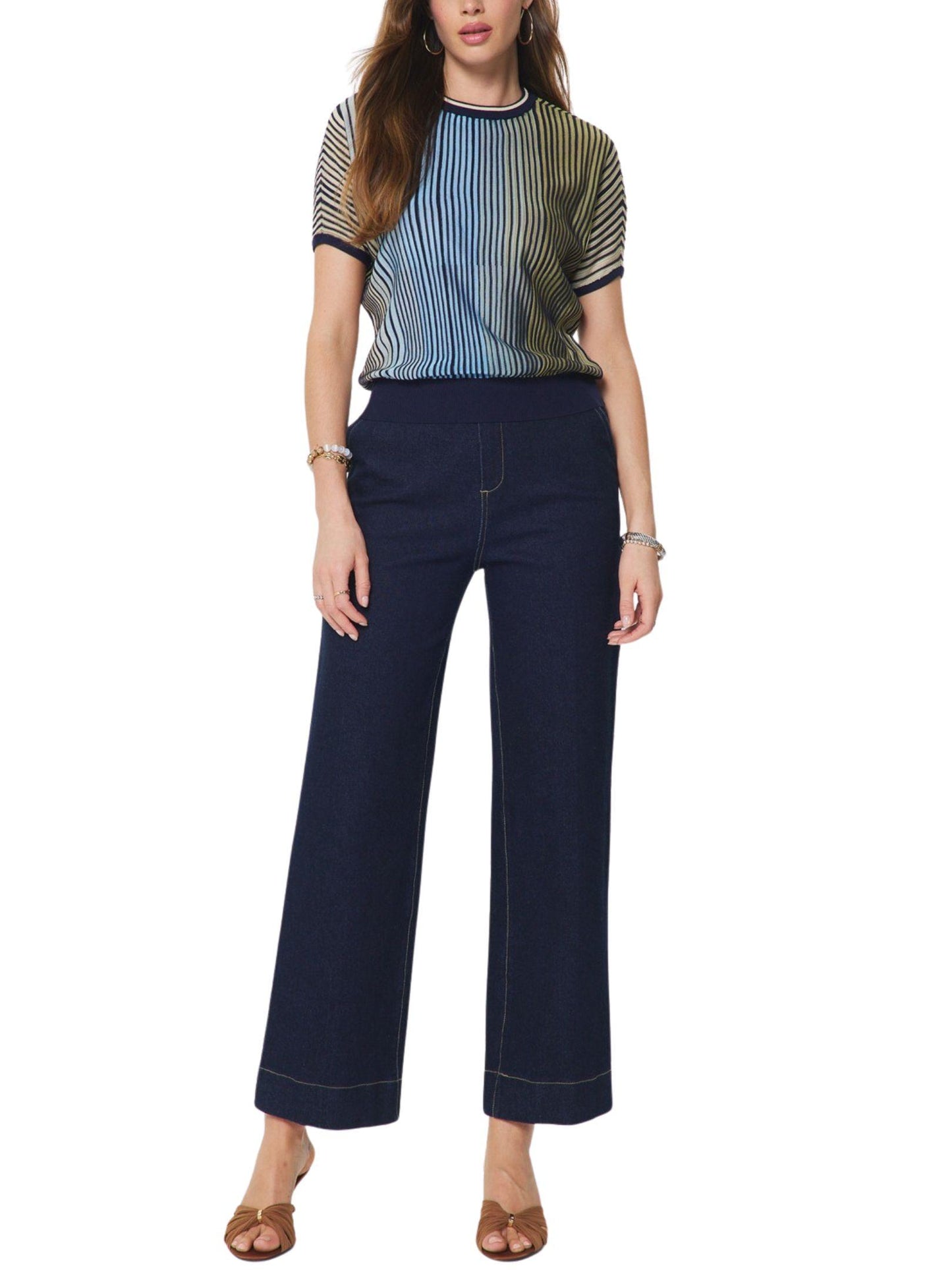 Blusa de punto con rayas multicolor para mujer vista de frente.