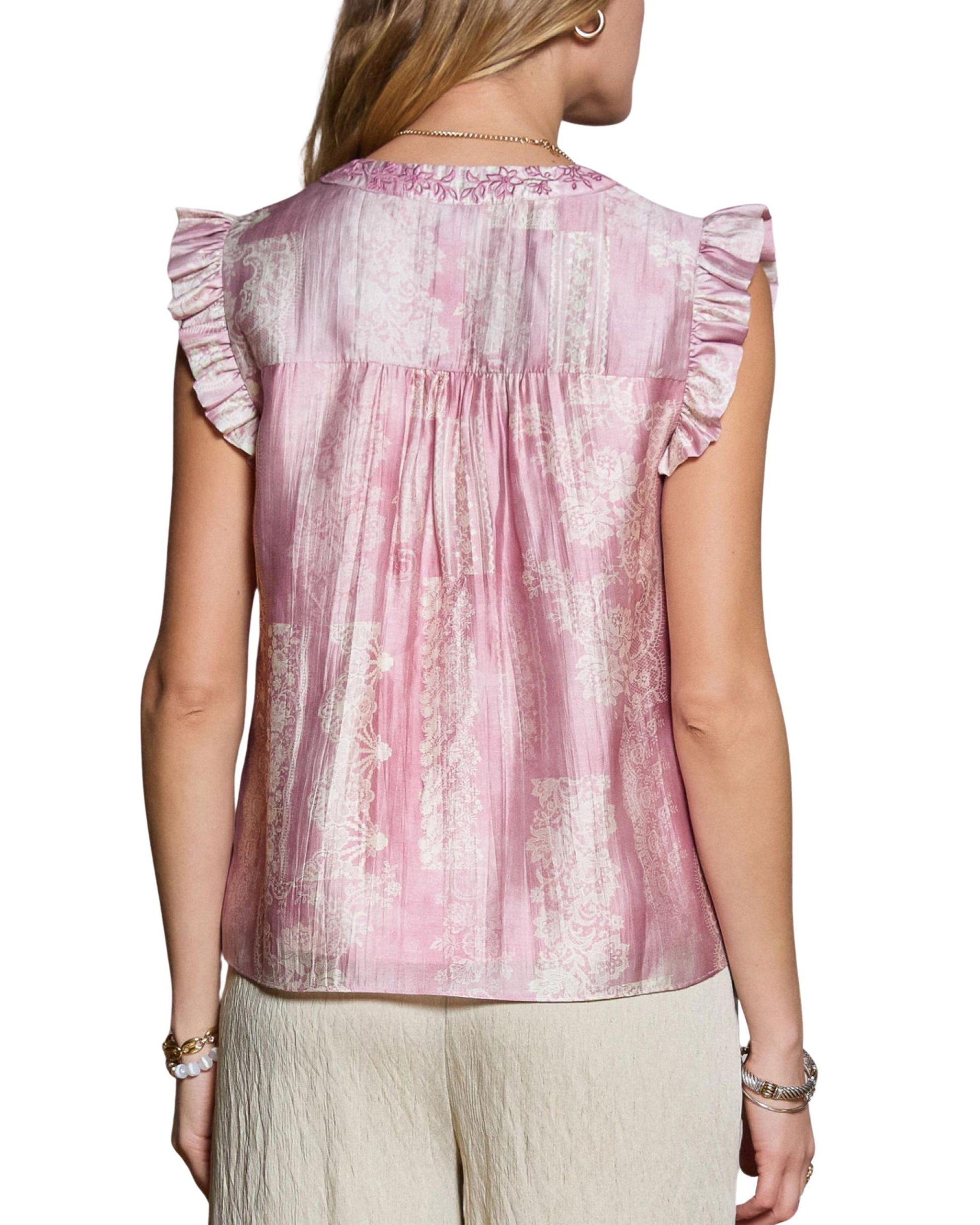 blusa rosa estampado floral bordado espalda
