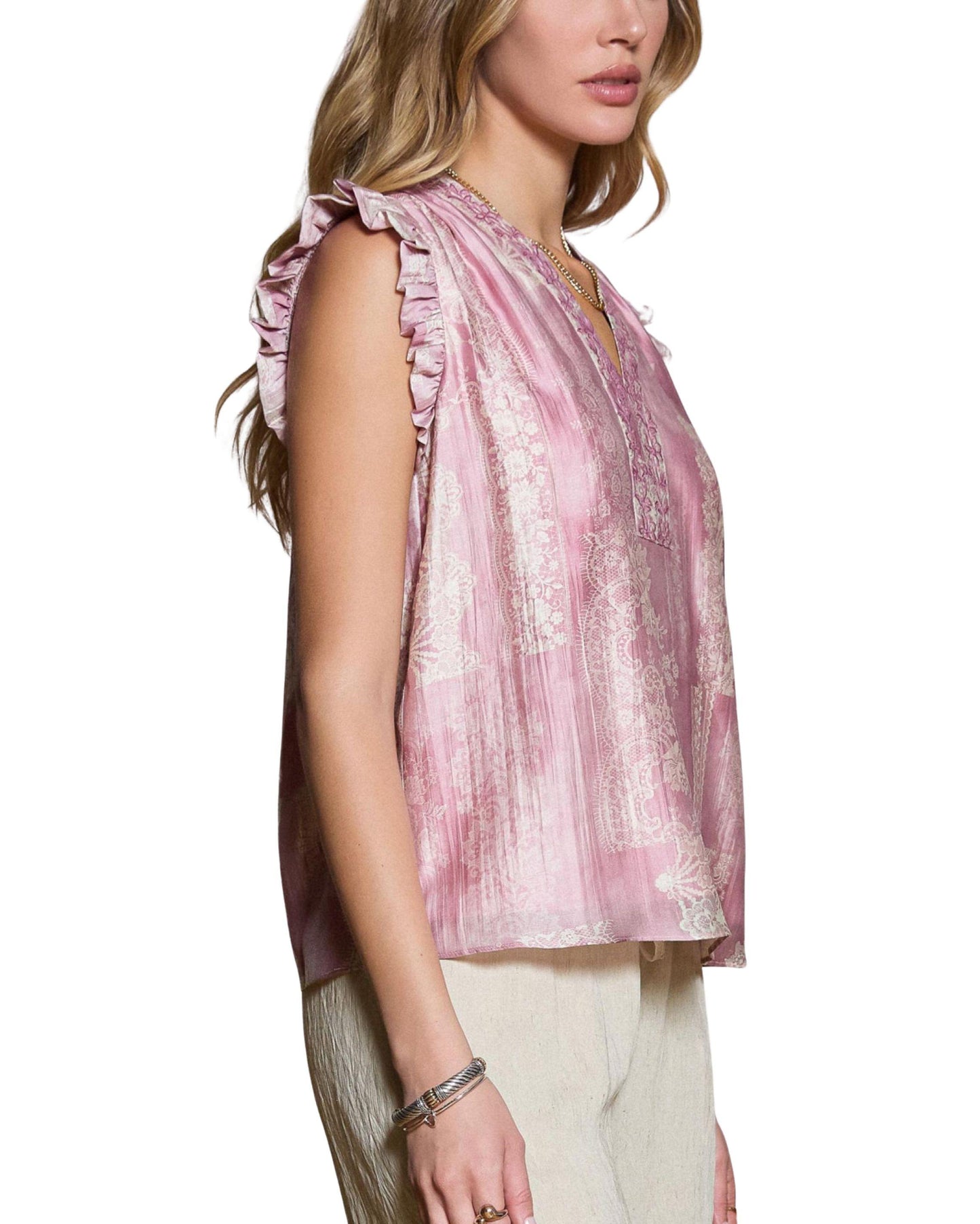 blusa rosa estampado floral bordado manga