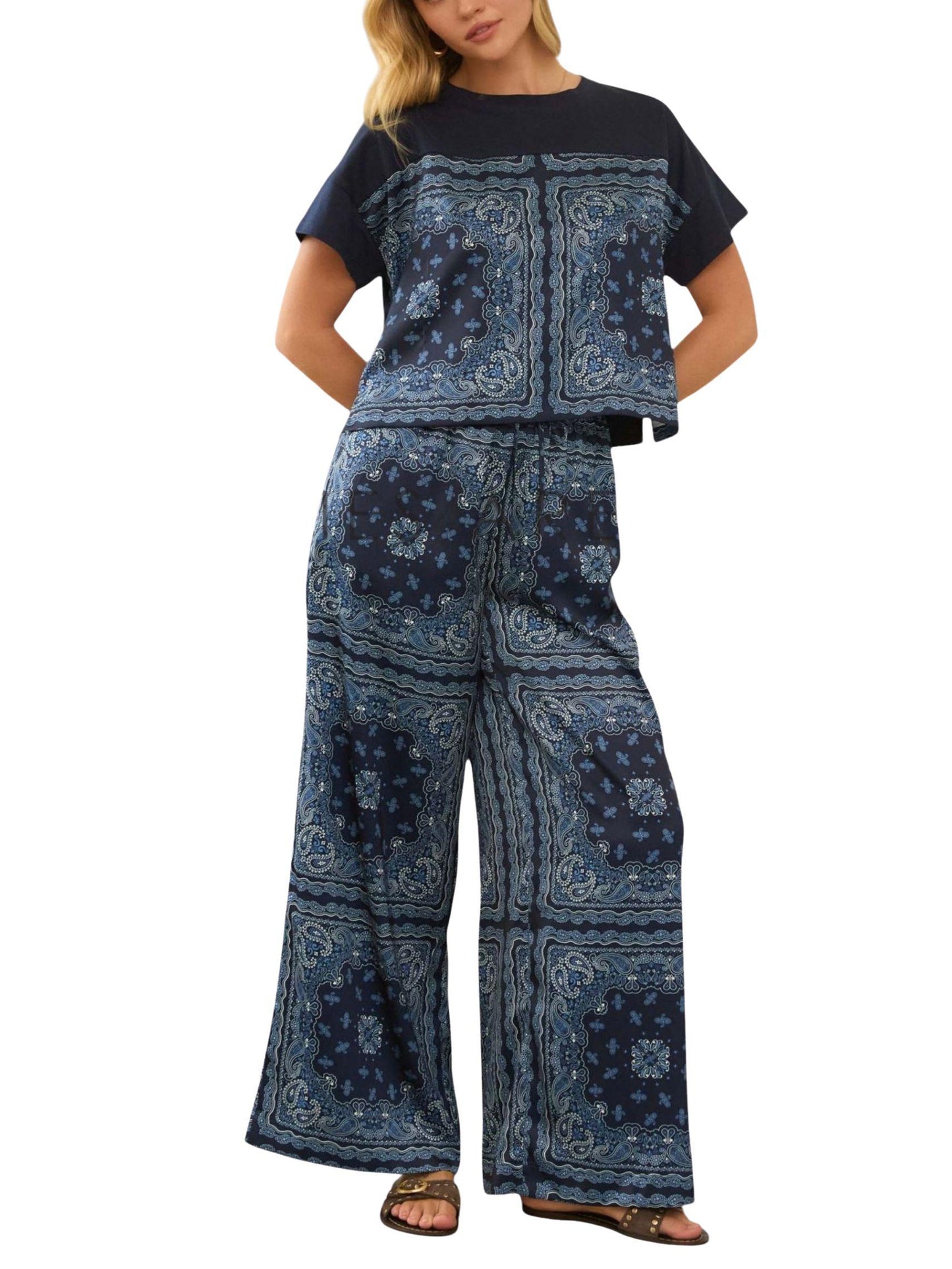 Set satin estampado para mujer con blusa manga corta y pantalon amplio