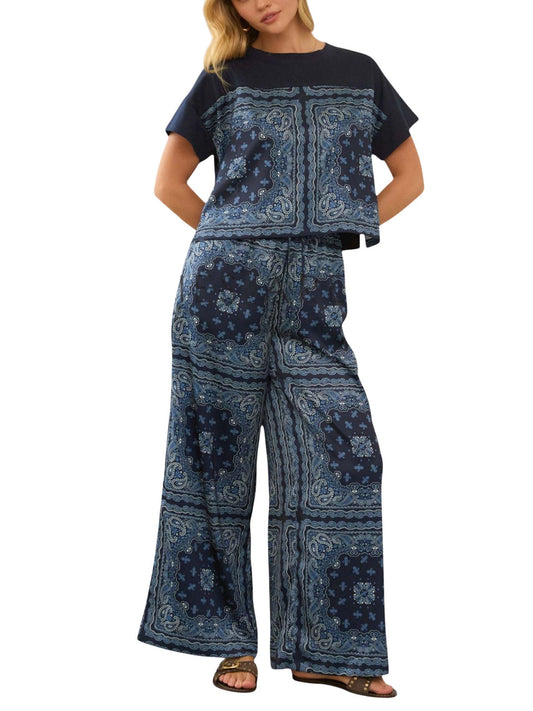 Set satin estampado para mujer con blusa manga corta y pantalon amplio
